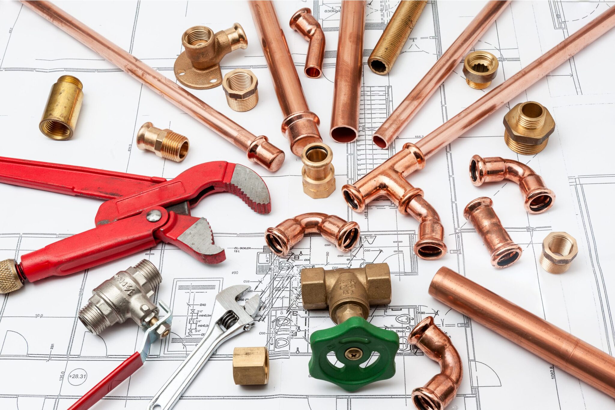 Copper pipes, fittings, valves, and plumbing tools in Loma Linda
