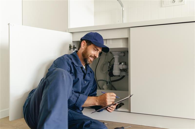 Residential plumber reviewing plumbing repairs in a Loma Linda kitchen
