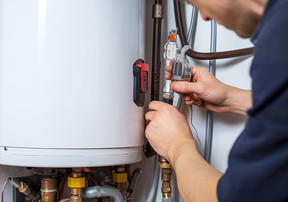 Technician repairing pipes connected to a water heater in Loma Linda